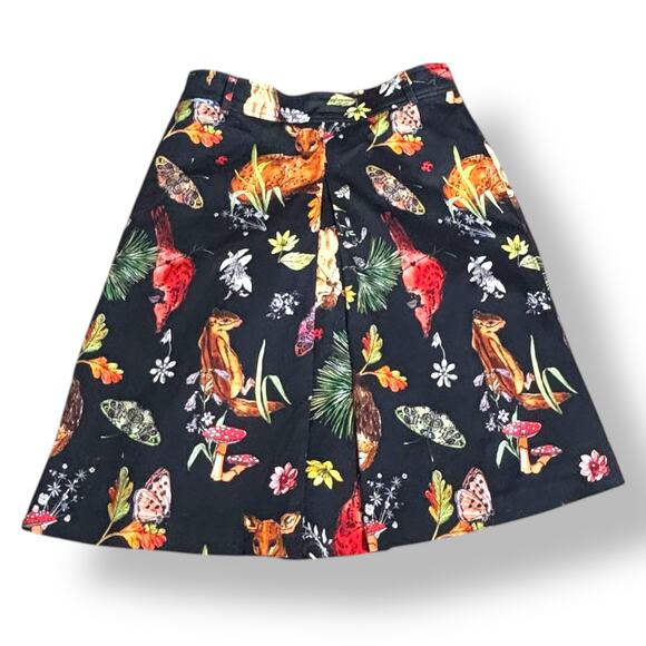 ModCloth Woodland Animal Print Kick Pleat Skirt Black Forest Squirrel Medium - Picture 1 of 10